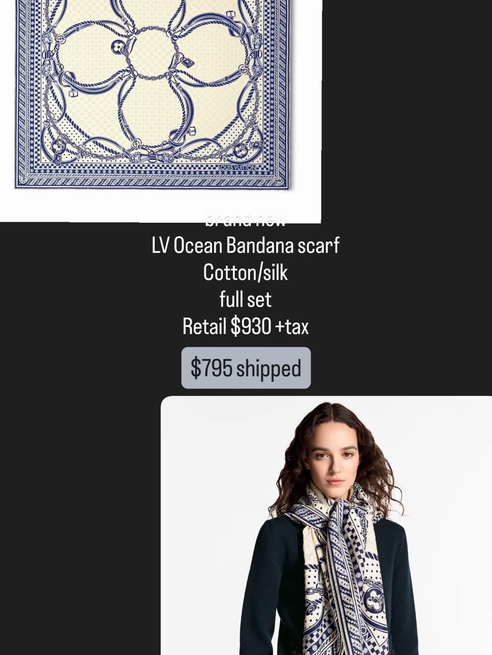 Louis Vuitton Navy and Cream Ocean Bandana Scarf
